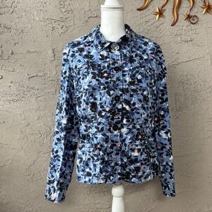 Charter Club Women's Floral Print Jacket Blue Black Cotton Blend Size L‎